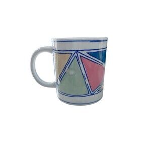 Vtg Abstract Triangle Pattern Porcelain Mug 80s Small Colorful Cheerful